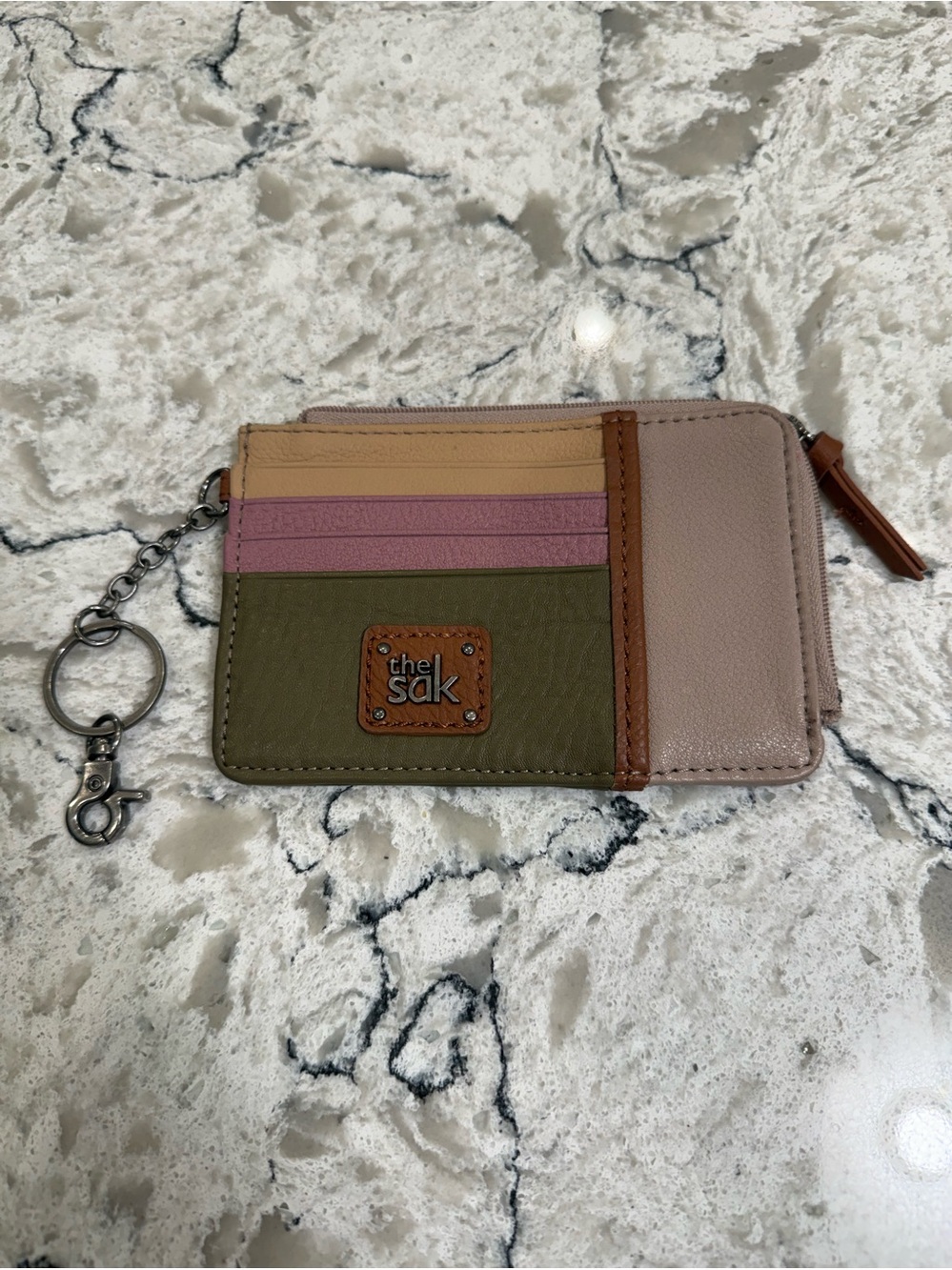 The Sak Leather Iris Card Holder in Khaki, Blush, Gold, and Tan with Key Chain